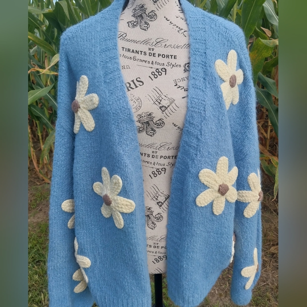 BOHO Threaded Leaf FLORAL DAISY PATTERN CARDIGAN SWEATER/XL